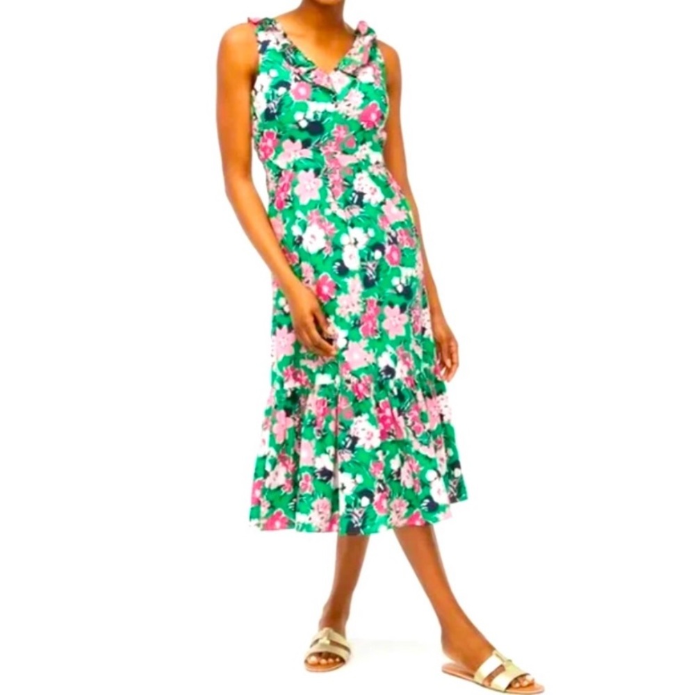 J Crew Green Floral V-Neck Cotton Pocket Sleeveless Midi Dress